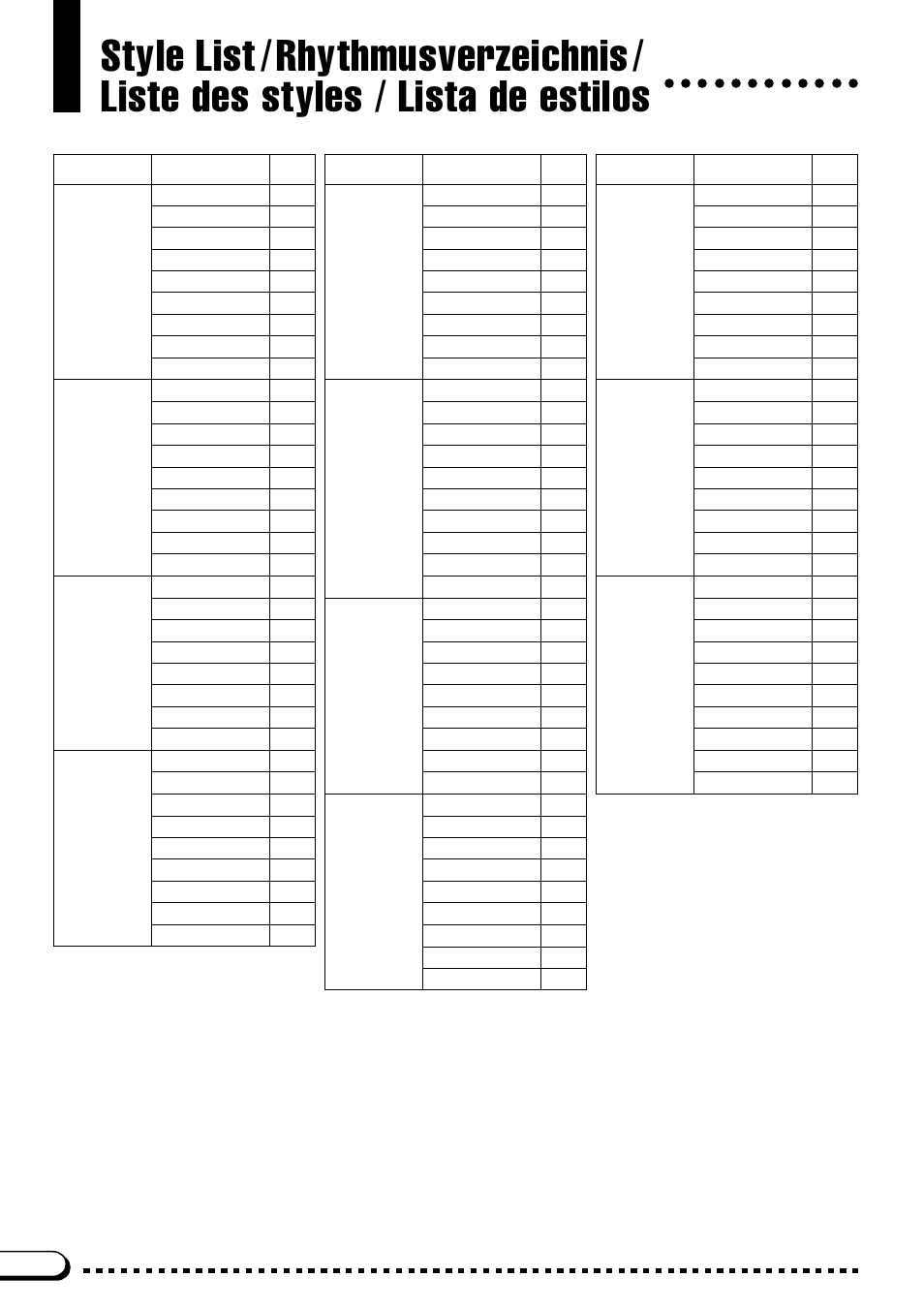 Style list, Rhythmusverzeichnis, Liste des styles / lista de estilos | Yamaha CVP-59S User Manual | Page 123 / 163