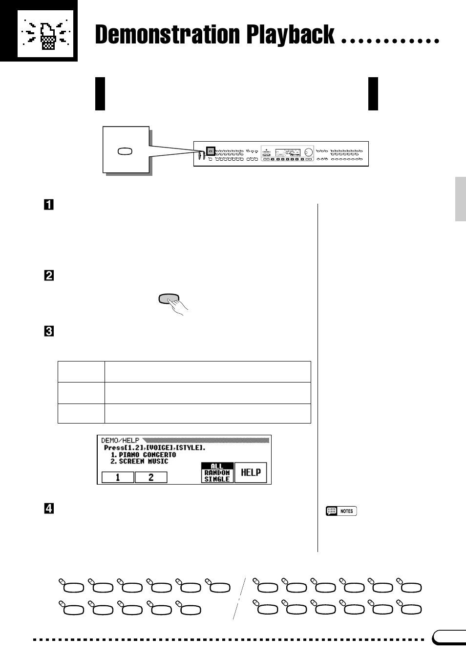 Demonstration playback, Select a demo tune, Turn power on and set an initial volume level | Press the [demo/help] button, Select a play mode, Use the fourth lcd button to select a play mode | Yamaha CVP-59S User Manual | Page 16 / 163