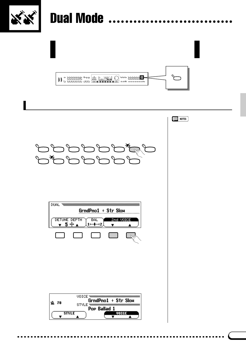 Dual mode, Engaging the dual mode & selecting the 2nd voice | Yamaha CVP-59S User Manual | Page 20 / 163