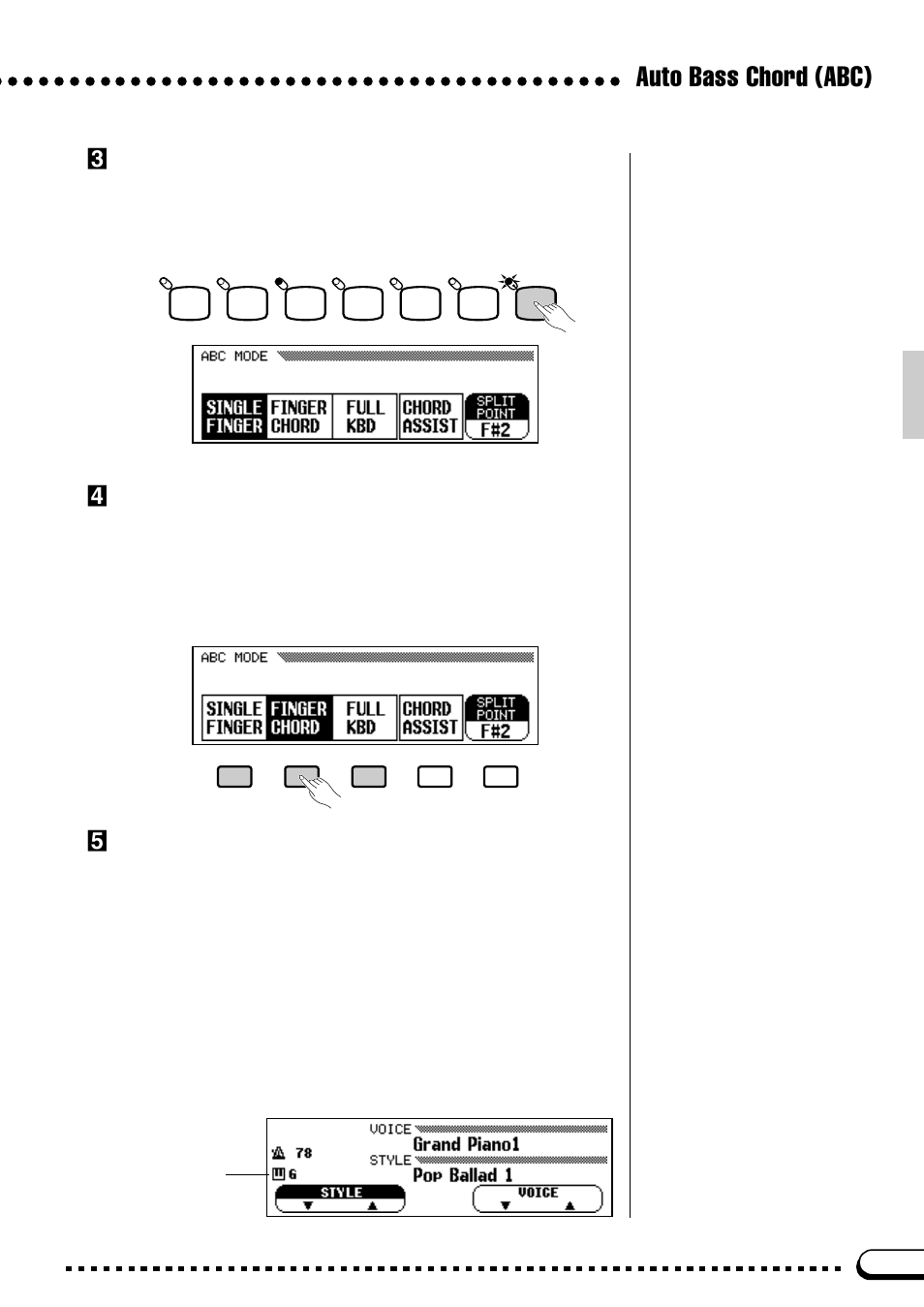Auto bass chord (abc), Turn abc on, Select an abc mode | Start & play | Yamaha CVP-59S User Manual | Page 38 / 163