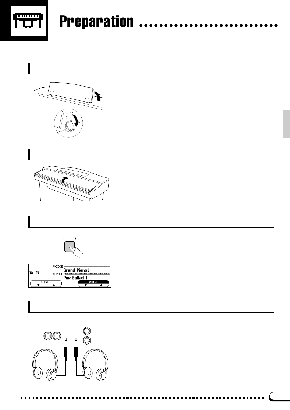 Preparation, The music stand, Headphones | The key cover, The power switch | Yamaha CVP-59S User Manual | Page 6 / 163