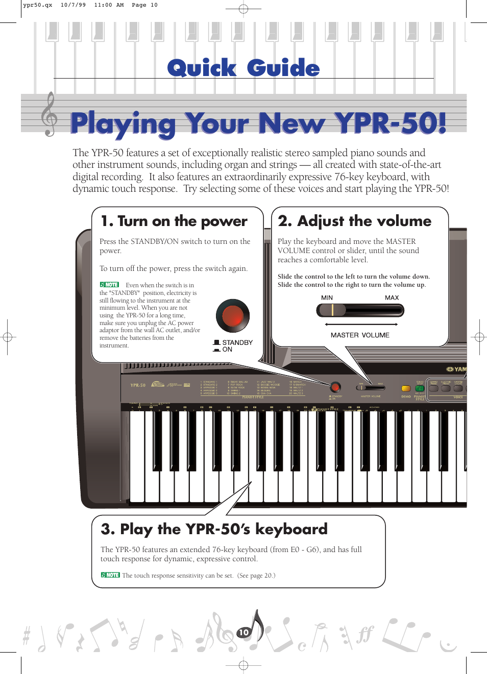 Quick guide, Playing your new ypr-50, Turn on the power | Adjust the volume, Play the ypr-50’s keyboard | Yamaha YPR-50 User Manual | Page 10 / 36