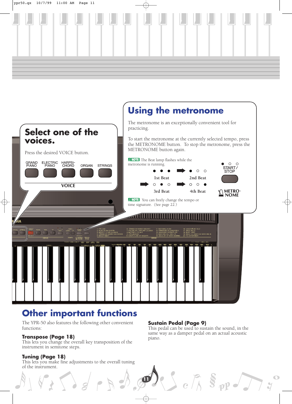 Using the metronome, Other important functions, Using the metronome other important functions | Select one of the voices | Yamaha YPR-50 User Manual | Page 11 / 36