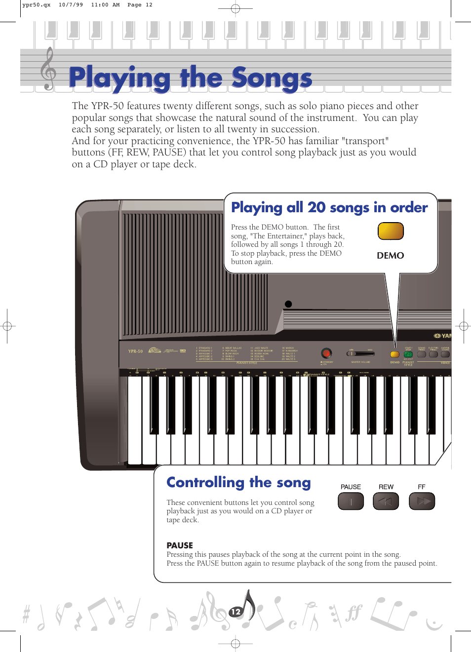 Playing the songs, Playing all 20 songs in order, Controlling the song | Playing all 20 songs in order controlling the song | Yamaha YPR-50 User Manual | Page 12 / 36