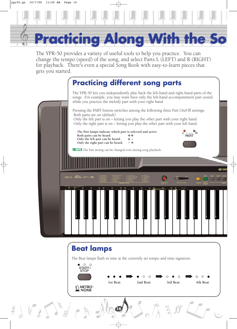 Practicing along with the song, Practicing different song parts, Beat lamps | Practicing different song parts beat lamps, Practicing along with the so | Yamaha YPR-50 User Manual | Page 14 / 36