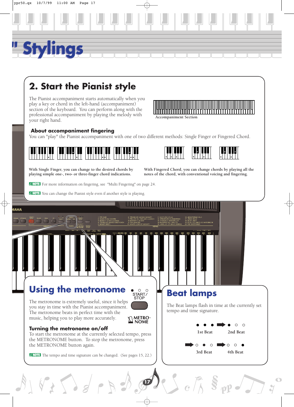 Using the metronome, Beat lamps, Beat lamps using the metronome | Stylings, Start the pianist style | Yamaha YPR-50 User Manual | Page 17 / 36