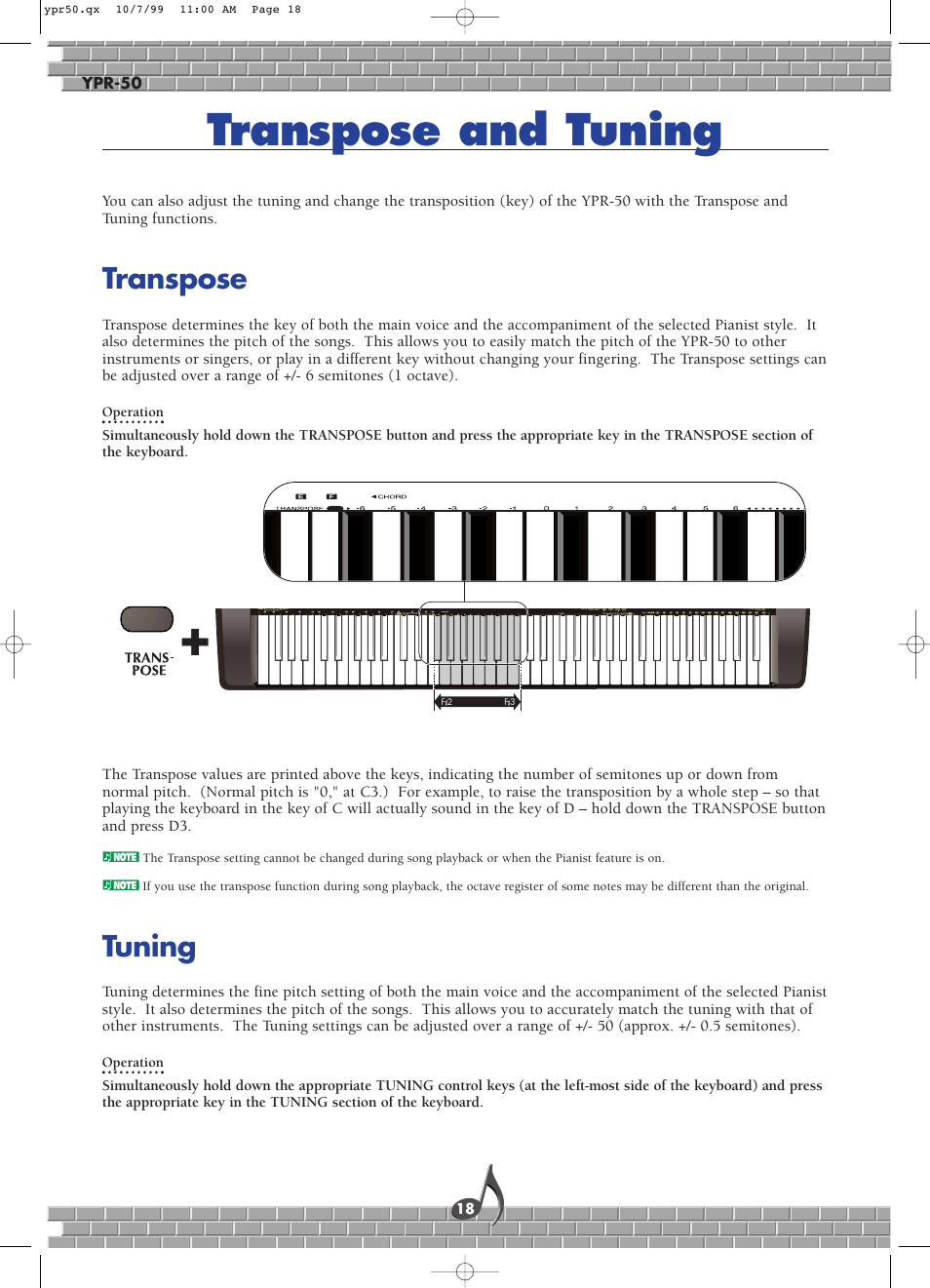 Transpose and tuning, Transpose, Tuning | Transpose tuning | Yamaha YPR-50 User Manual | Page 18 / 36