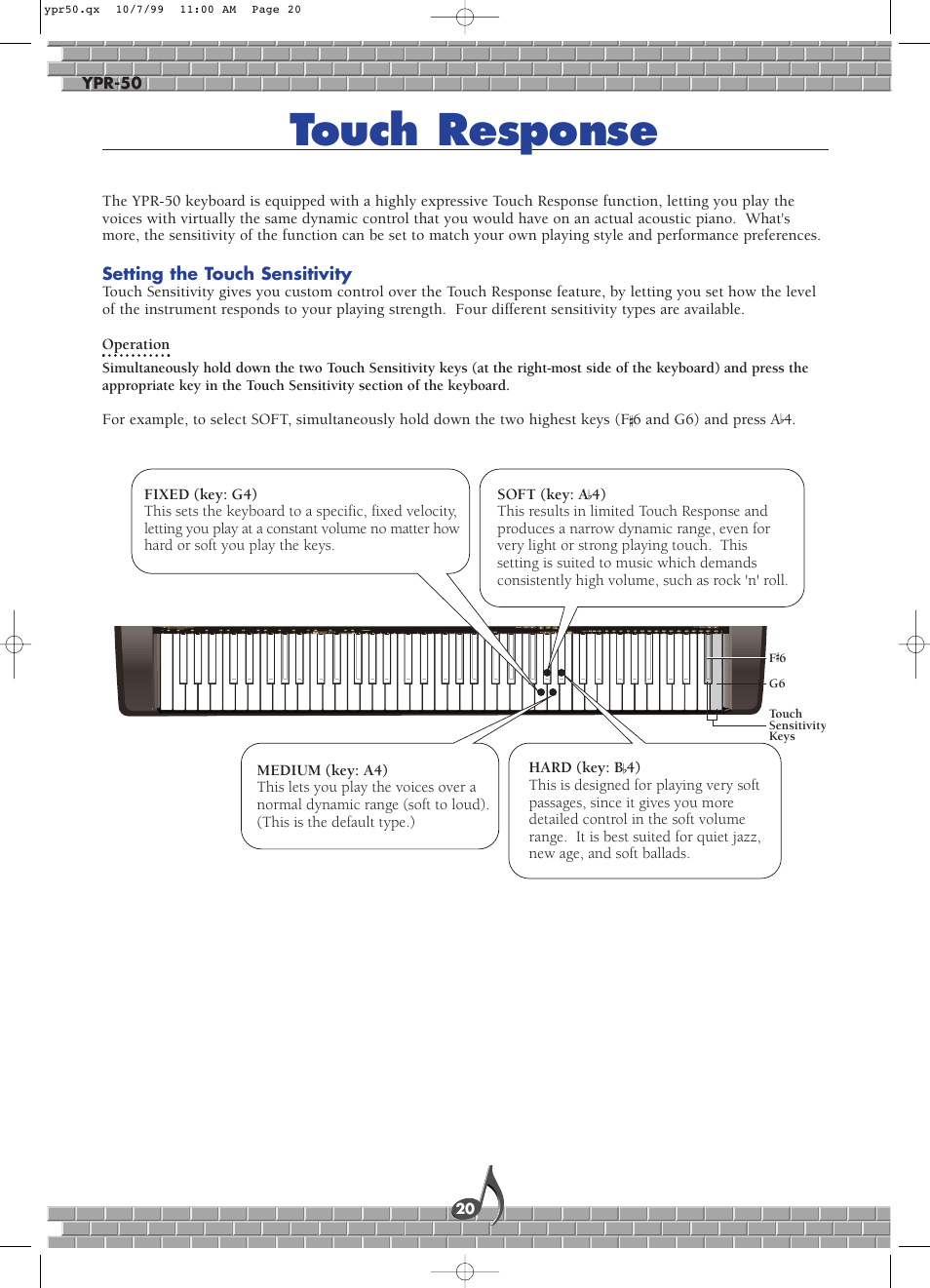 Touch response, Setting the touch sensitivity | Yamaha YPR-50 User Manual | Page 20 / 36