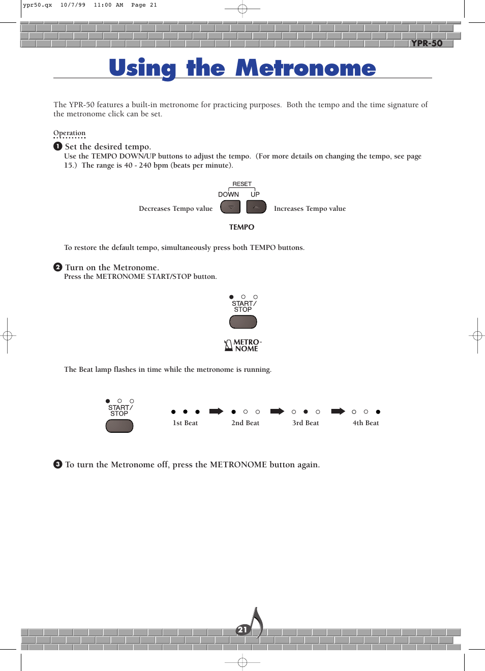 Using the metronome | Yamaha YPR-50 User Manual | Page 21 / 36