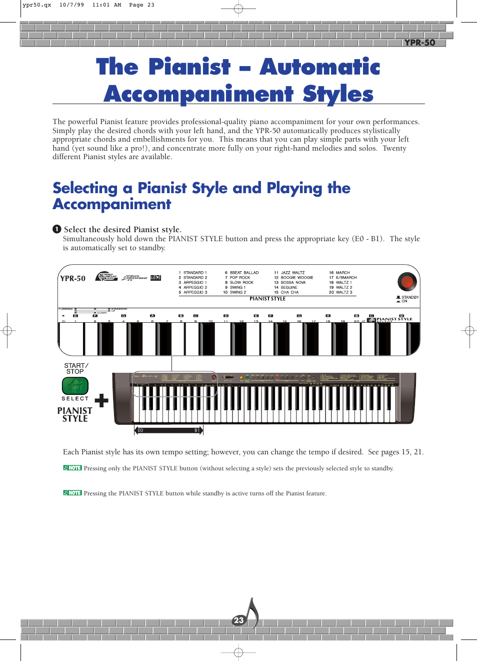The pianist – automatic accompaniment styles | Yamaha YPR-50 User Manual | Page 23 / 36