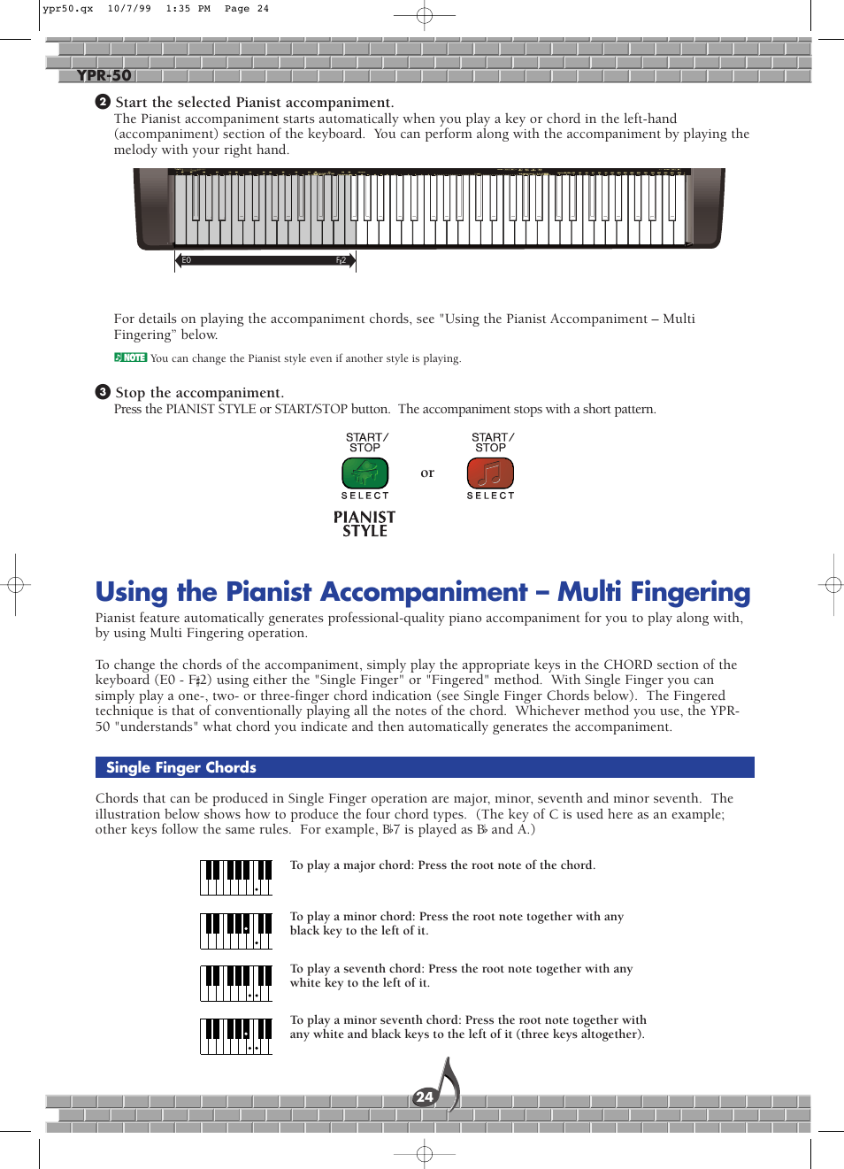 Using the pianist accompaniment – multi fingering, Single finger chords | Yamaha YPR-50 User Manual | Page 24 / 36