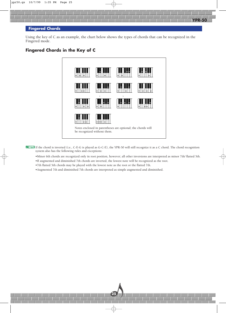Fingered chords, Fingered chords in the key of c | Yamaha YPR-50 User Manual | Page 25 / 36
