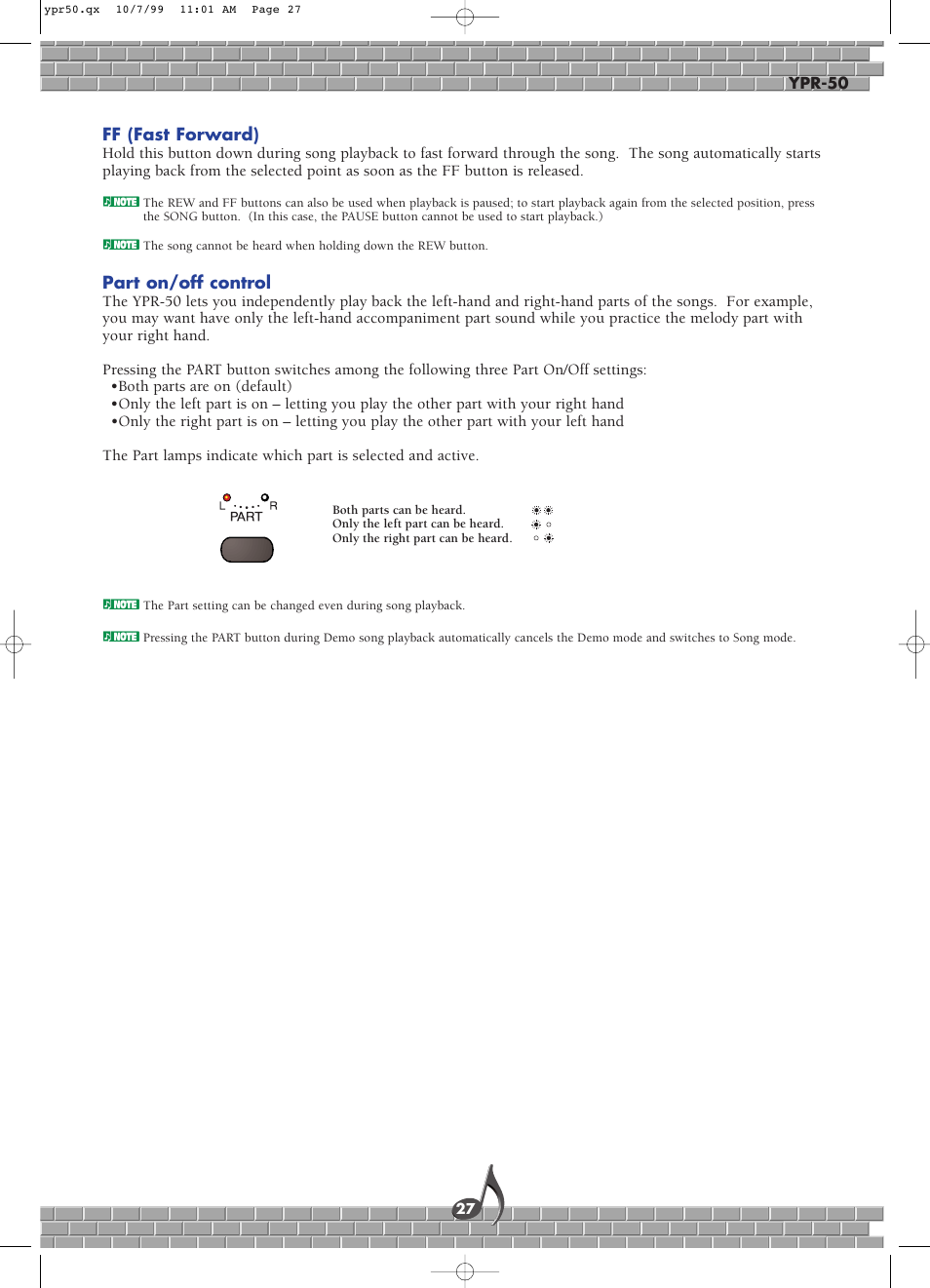 Ff (fast forward), Part on/off control, Ff (fast forward) part on/off control | Yamaha YPR-50 User Manual | Page 27 / 36