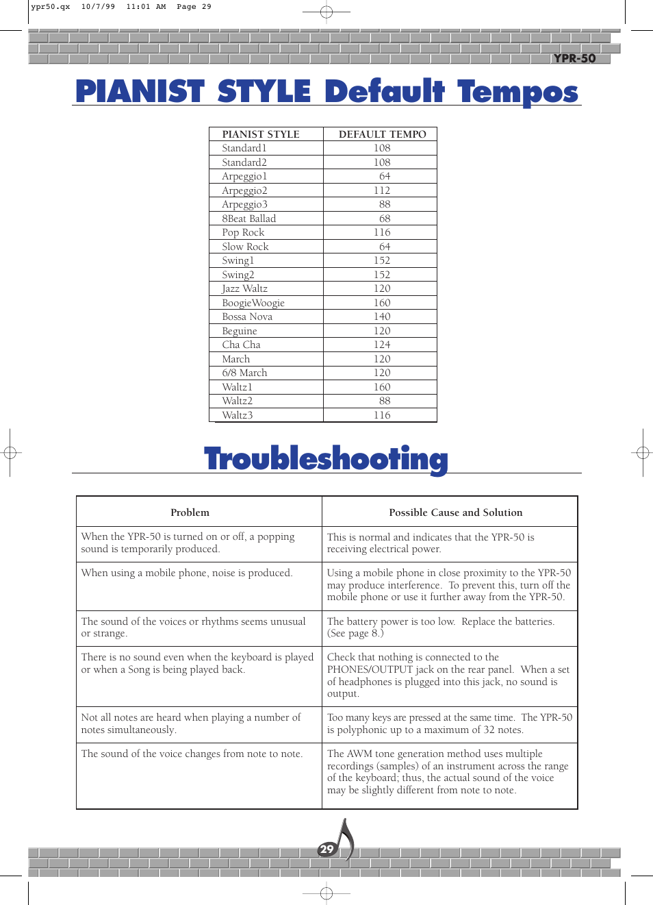 Pianist style default tempos, Troubleshooting, Pianist style default tempos troubleshooting | Yamaha YPR-50 User Manual | Page 29 / 36