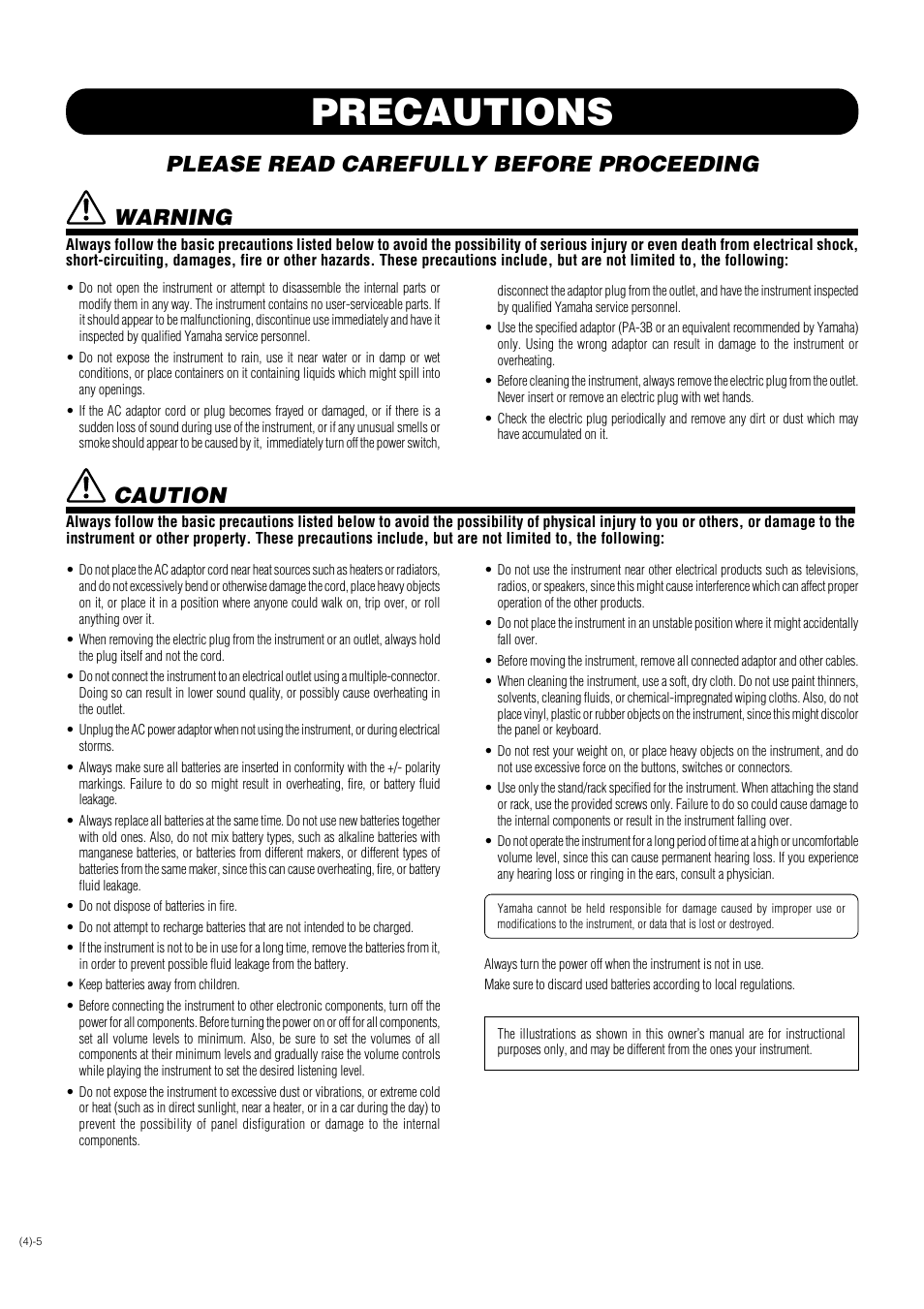 Precautions, Please read carefully before proceeding, Warning | Caution | Yamaha YPR-50 User Manual | Page 3 / 36