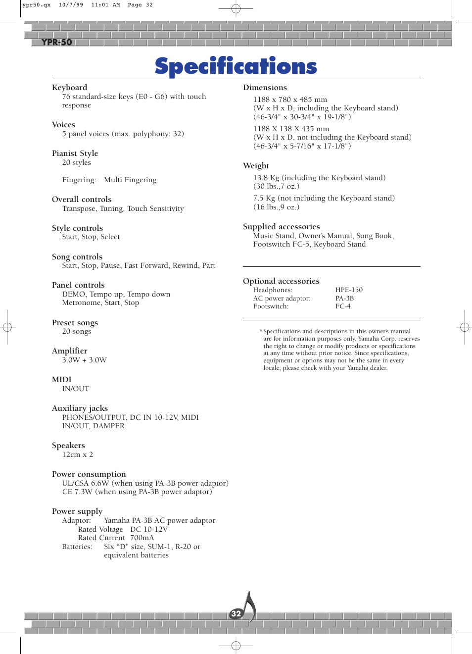 Specifications | Yamaha YPR-50 User Manual | Page 32 / 36