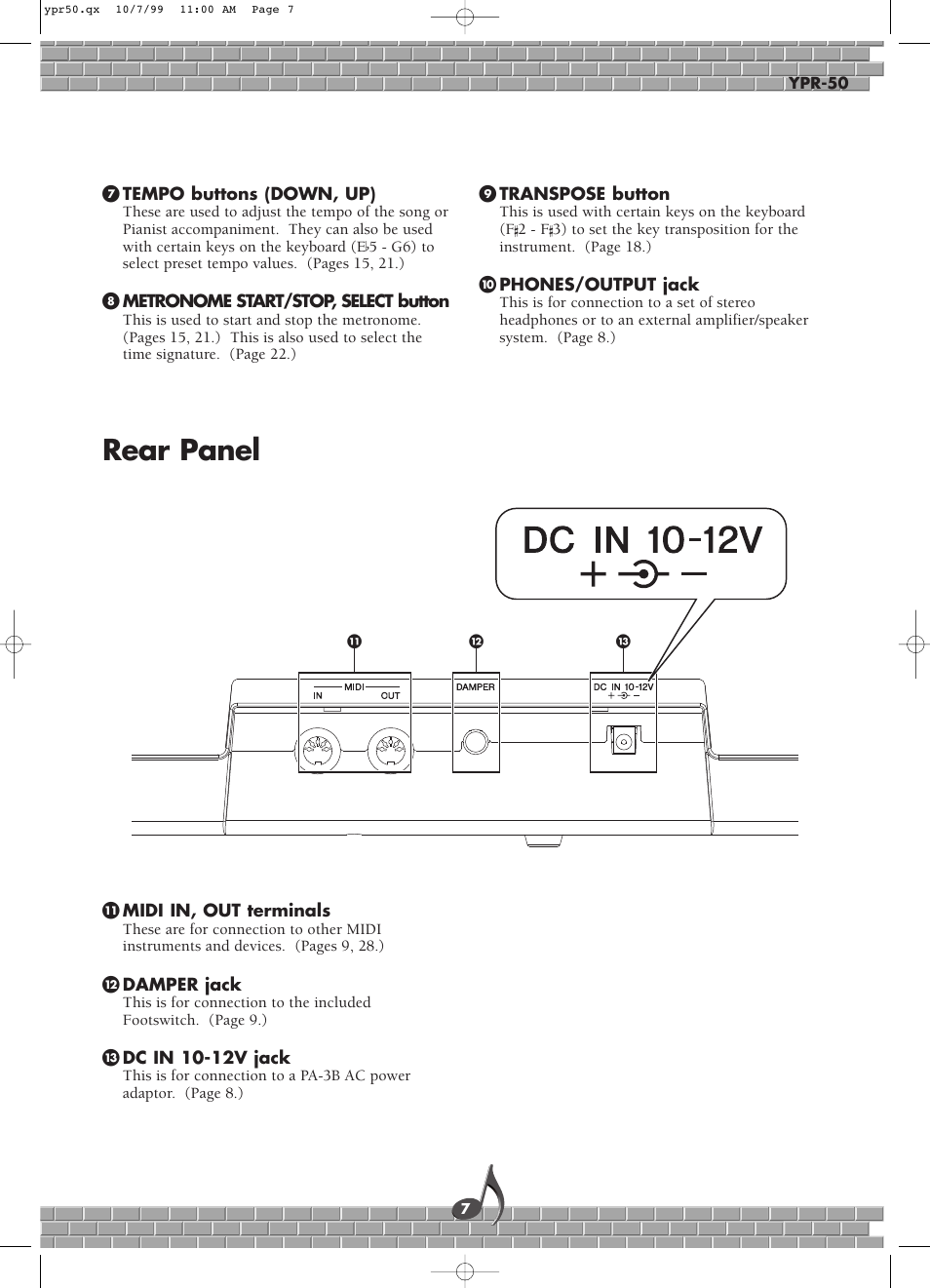 Rear panel | Yamaha YPR-50 User Manual | Page 7 / 36