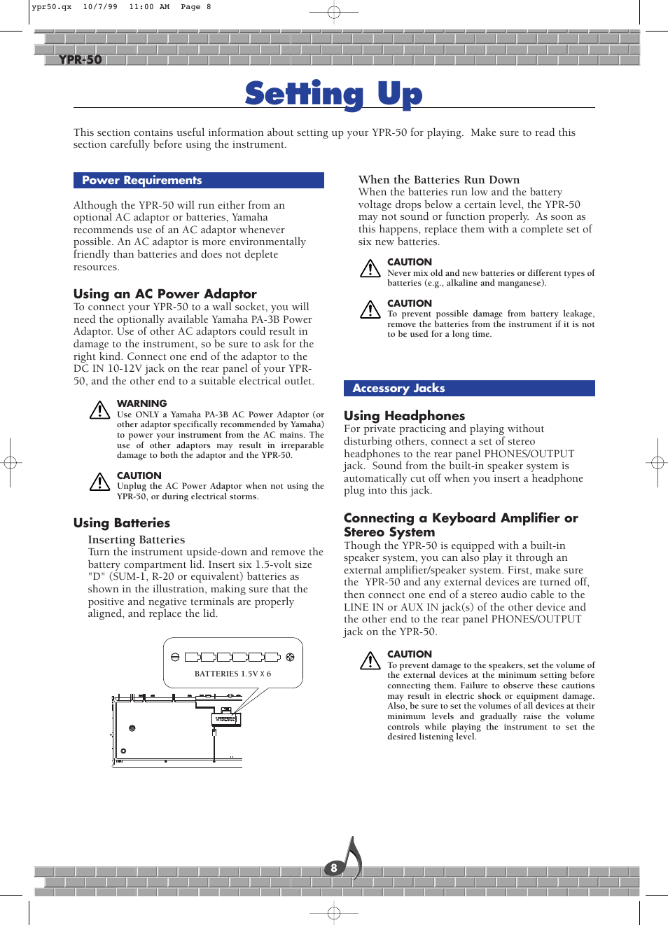 Setting up, Power requirements, Accessory jacks | Power requirements accessory jacks | Yamaha YPR-50 User Manual | Page 8 / 36