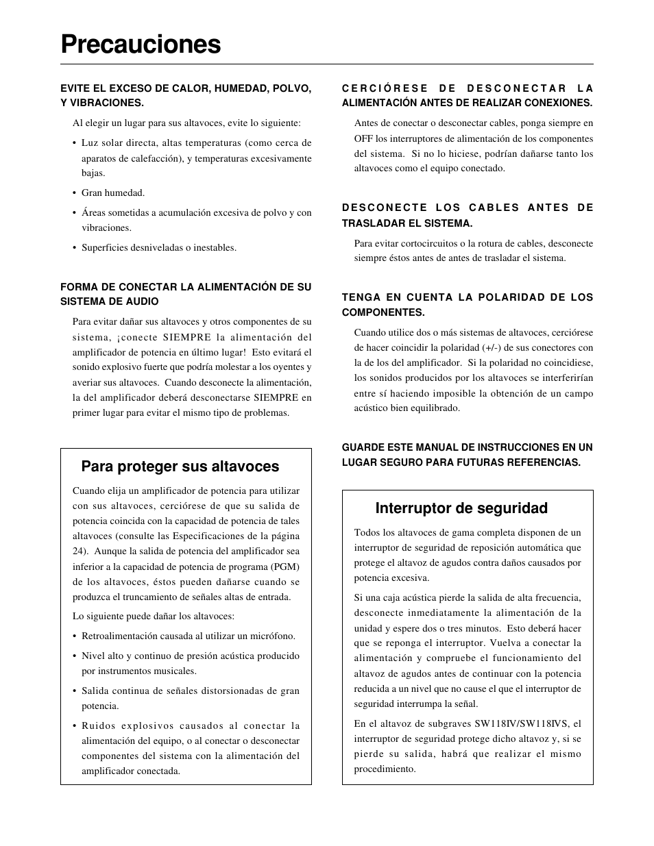 Precauciones, Para proteger sus altavoces, Interruptor de seguridad | Yamaha SM10IV User Manual | Page 20 / 36