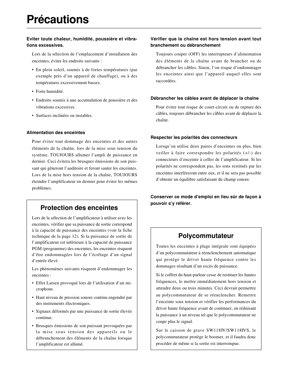 Précautions, Protection des enceintes, Polycommutateur | Yamaha SM10IV User Manual | Page 8 / 36