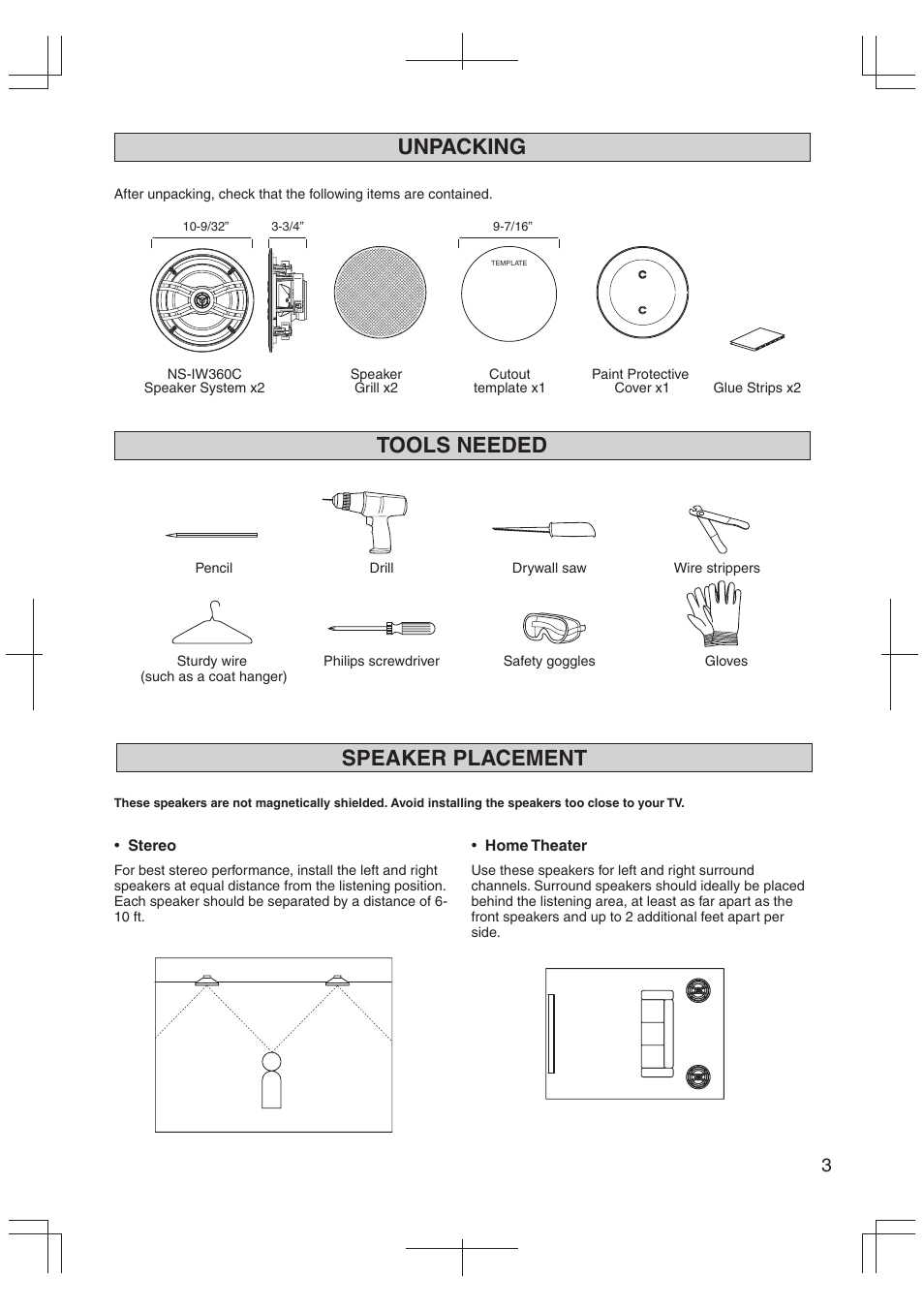Unpacking, Tools needed speaker placement | Yamaha NS-IW360C User Manual | Page 3 / 8