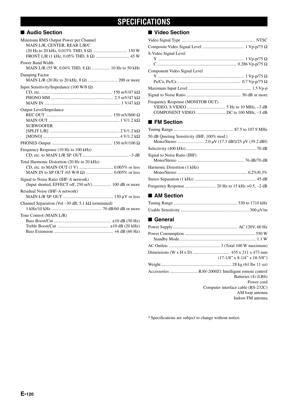 Specifications | Yamaha pmn User Manual | Page 126 / 128