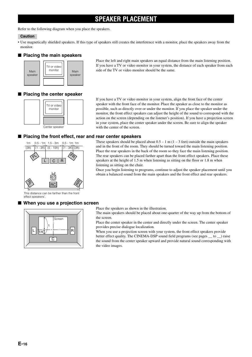 Speaker placement, Placing the main speakers, Placing the center speaker | When you use a projection screen | Yamaha pmn User Manual | Page 22 / 128