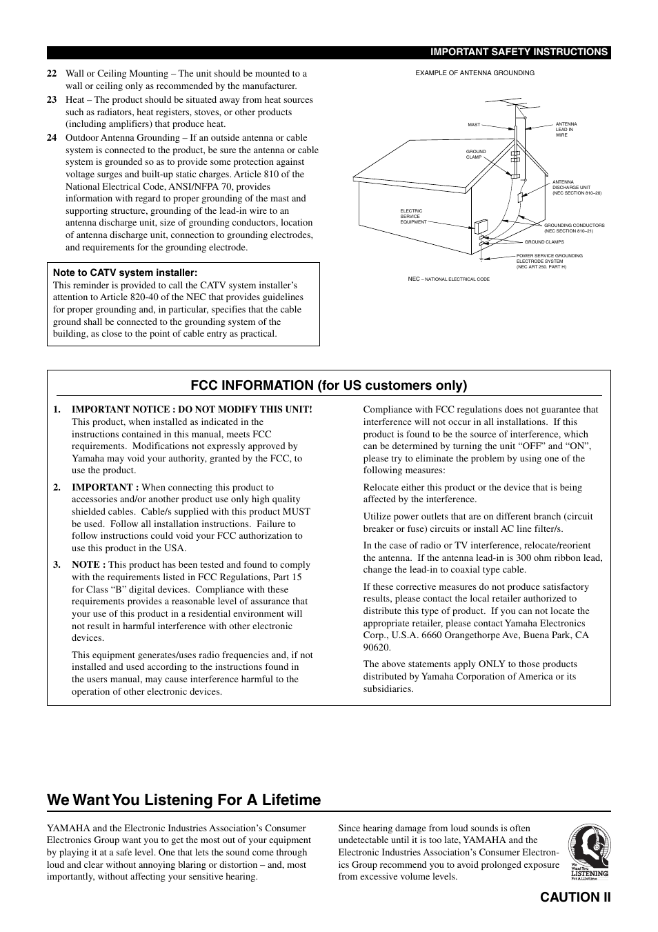 We want you listening for a lifetime, Fcc information (for us customers only), Caution ii | Yamaha pmn User Manual | Page 3 / 128