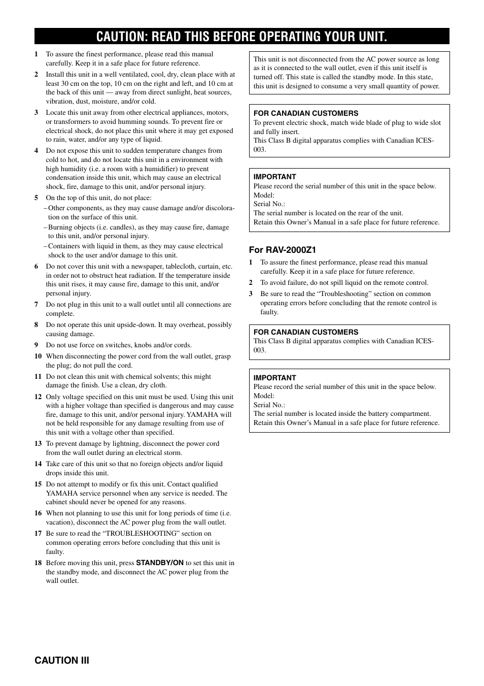 Caution: read this before operating your unit, Caution iii | Yamaha pmn User Manual | Page 4 / 128