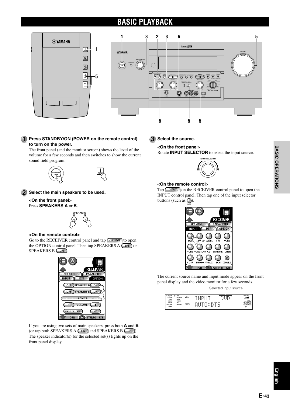 Basic playback, Input dvd auto:dts, 43 b asic opera tions english | Selected input source | Yamaha pmn User Manual | Page 49 / 128