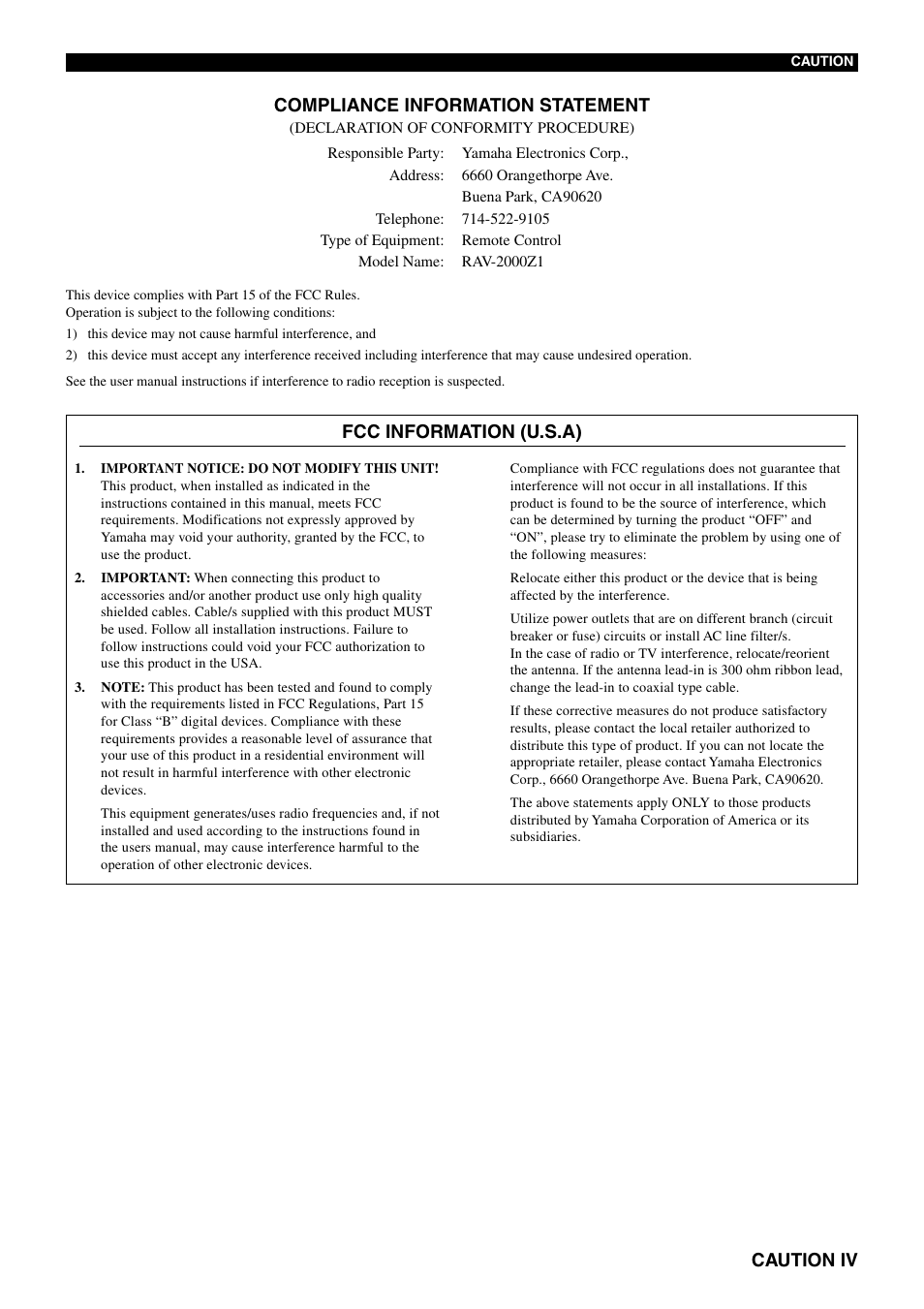 Caution iv compliance information statement, Fcc information (u.s.a) | Yamaha pmn User Manual | Page 5 / 128