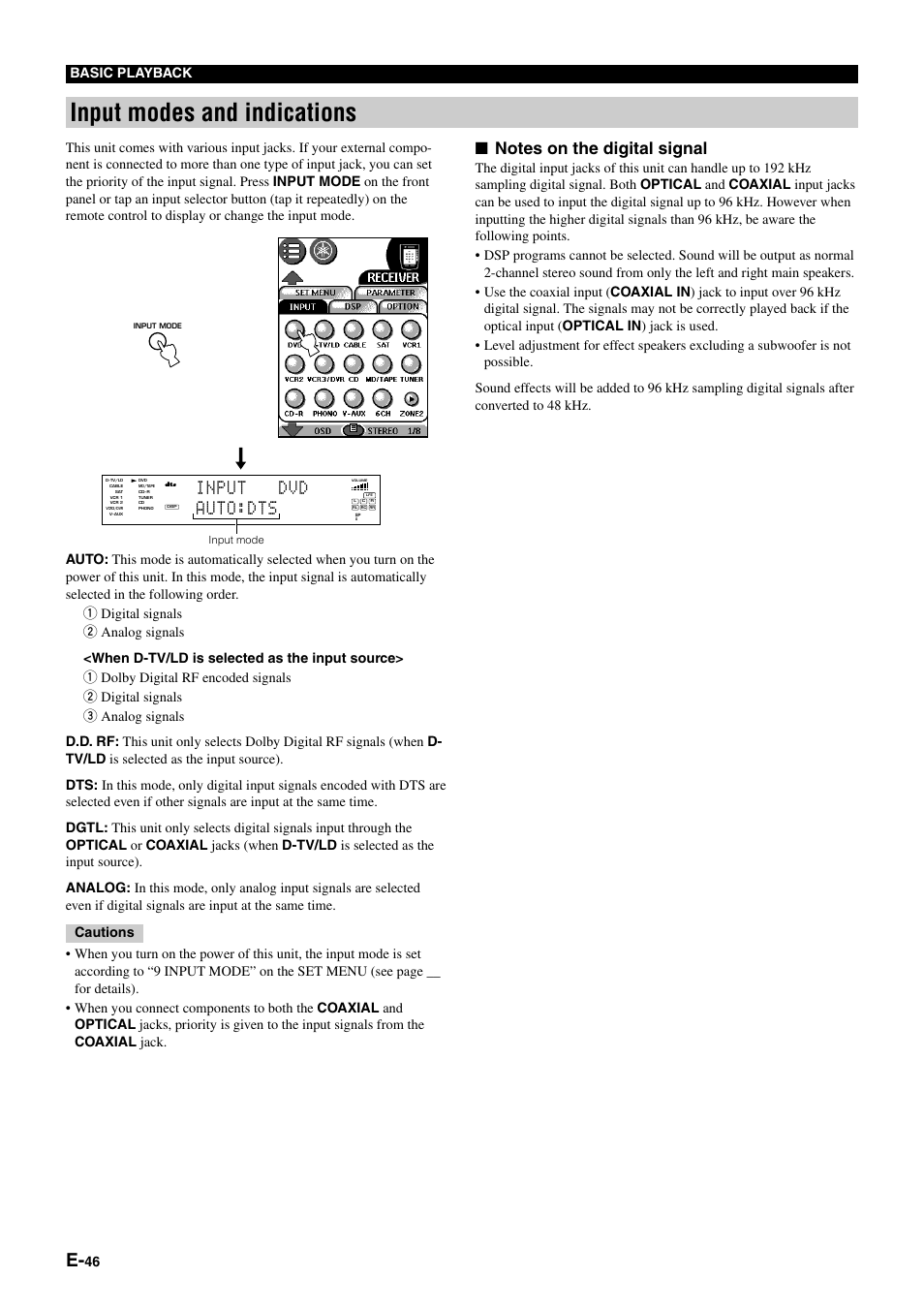 Input modes and indications, Input dvd auto:dts, 46 basic playback | Yamaha pmn User Manual | Page 52 / 128