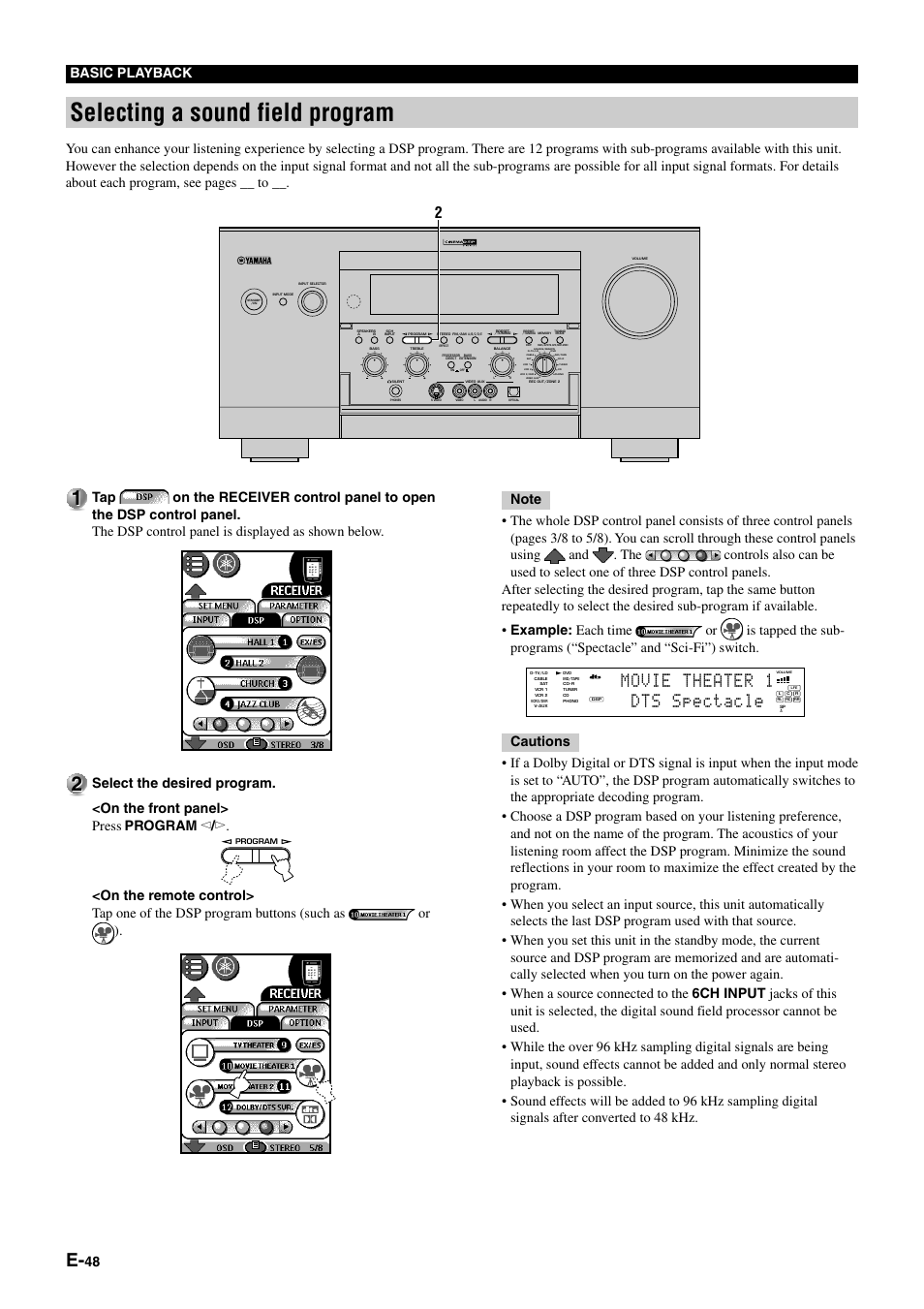 Selecting a sound field program, Movie theater 1 dts spectacle | Yamaha pmn User Manual | Page 54 / 128