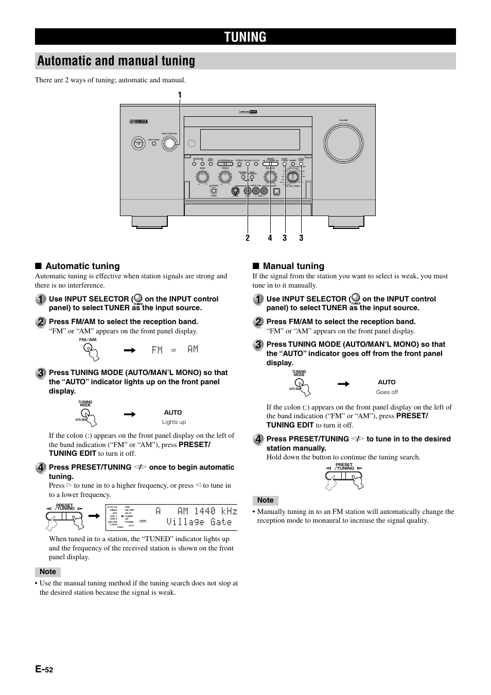 Tuning automatic and manual tuning, Automatic tuning, Manual tuning | Fm am, Aam 1440 khz village gate, There are 2 ways of tuning; automatic and manual | Yamaha pmn User Manual | Page 58 / 128