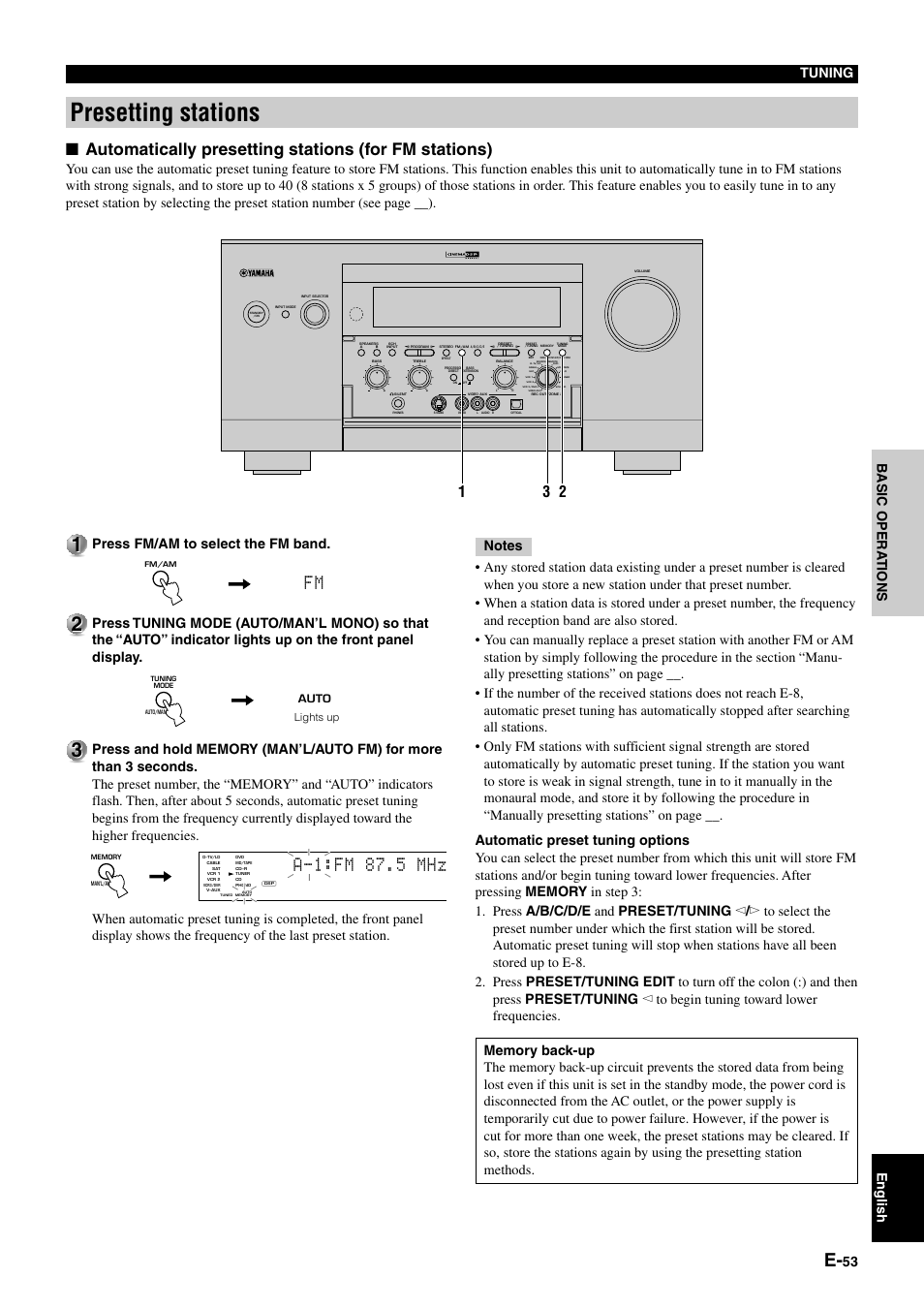 Presetting stations, A-1:fm 87.5 mhz, 53 b asic opera tions english | Press fm/am to select the fm band, Tuning, Lights up auto | Yamaha pmn User Manual | Page 59 / 128