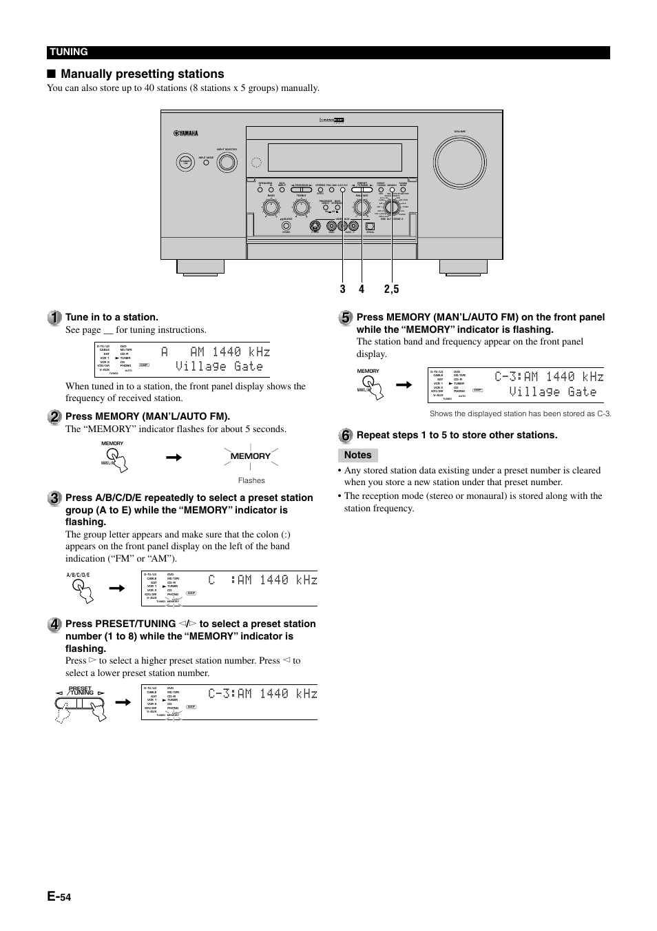 Manually presetting stations, Aam 1440 khz village gate, C:am 1440 khz | Tuning, Shows the displayed station has been stored as c-3, Flashes | Yamaha pmn User Manual | Page 60 / 128