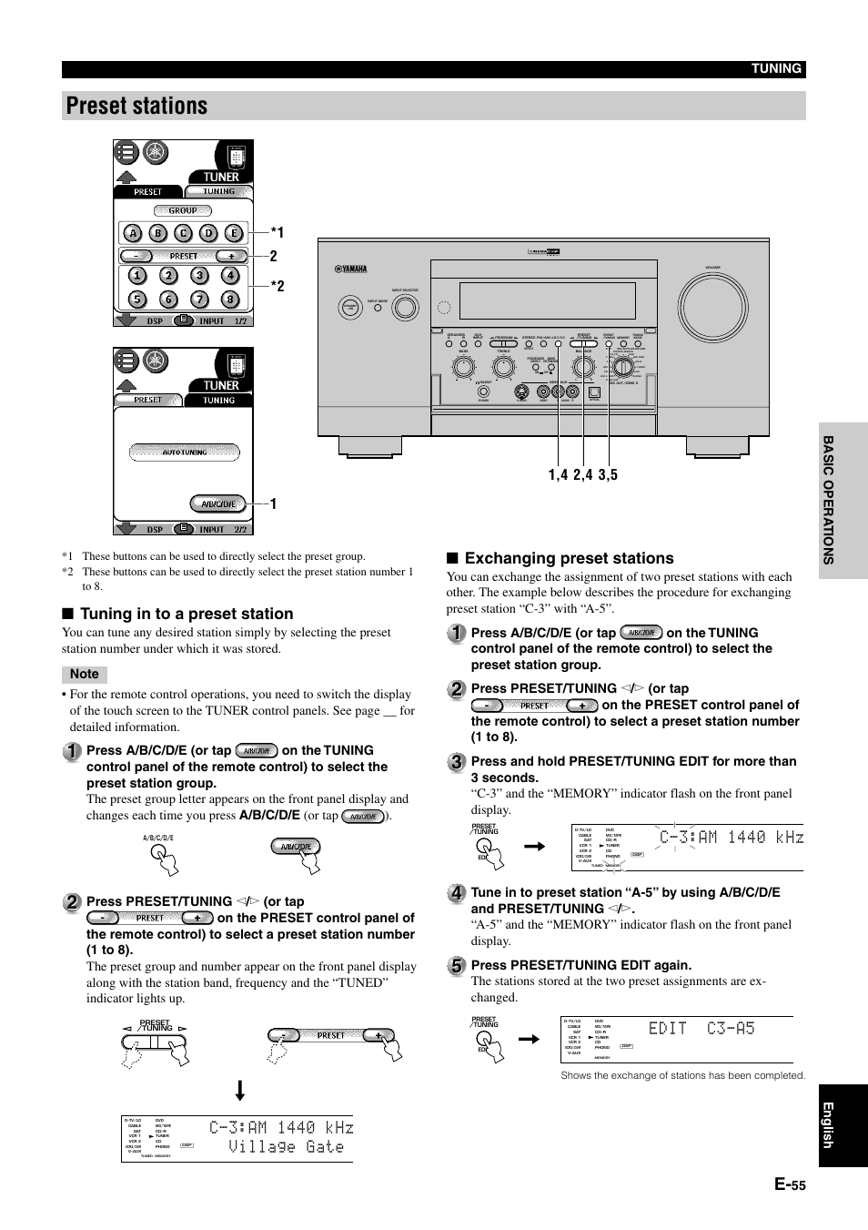 Preset stations, Tuning in to a preset station, Exchanging preset stations | Edit c3-a5, 55 b asic opera tions english tuning | Yamaha pmn User Manual | Page 61 / 128