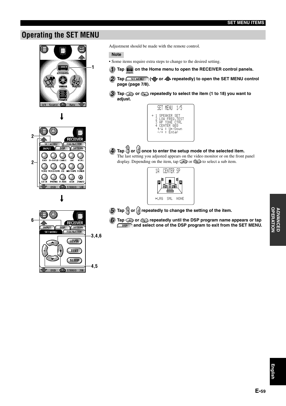 Operating the set menu, 1a center sp, Set menu 1/5 | Yamaha pmn User Manual | Page 65 / 128