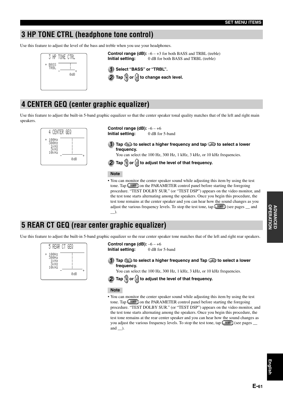 3 hp tone ctrl (headphone tone control), 4 center geq (center graphic equalizer), 5 rear ct geq (rear center graphic equalizer) | 3 hp tone ctrl, 4 center geq, 5 rear ct geq | Yamaha pmn User Manual | Page 67 / 128