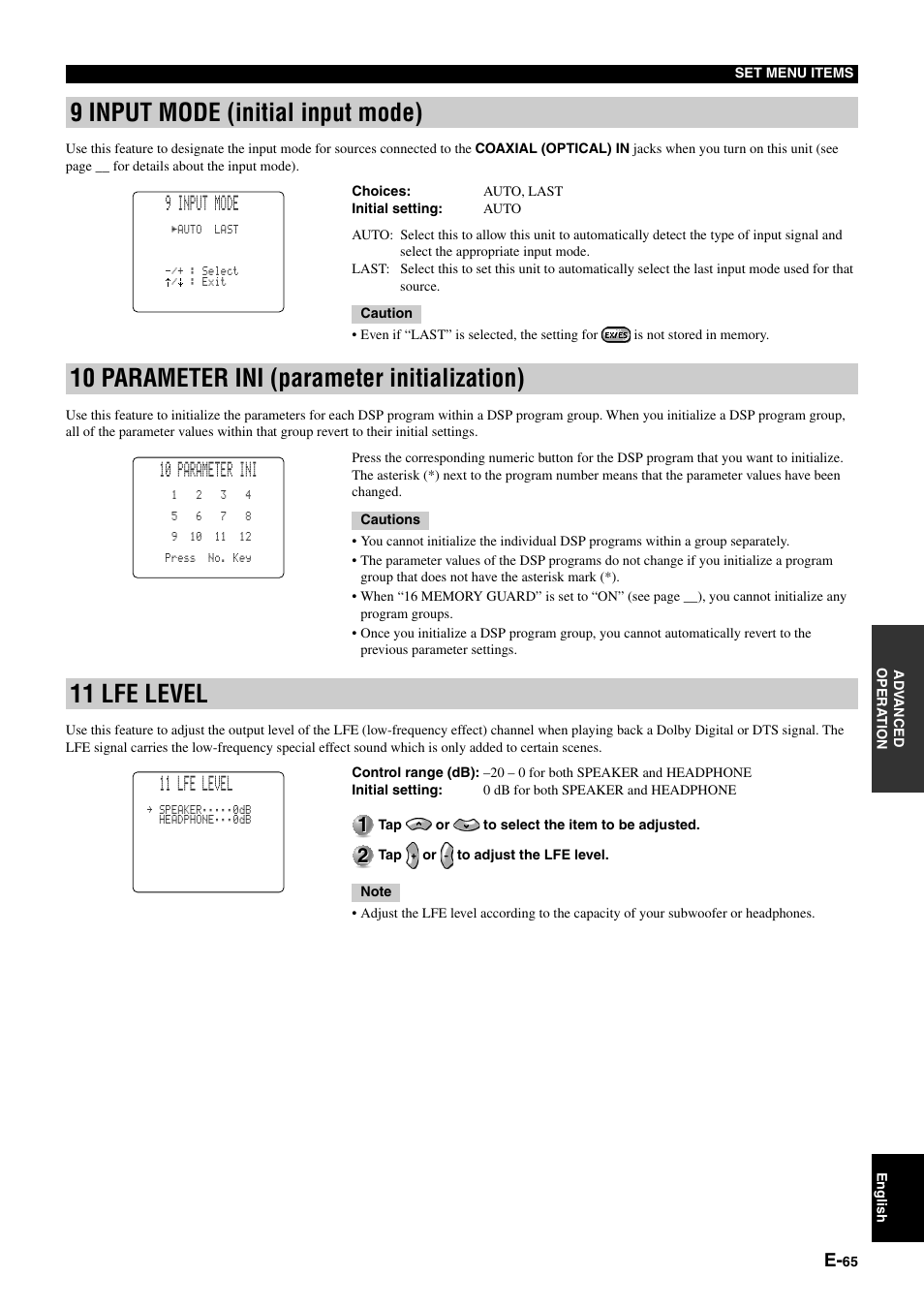 9 input mode (initial input mode), 10 parameter ini (parameter initialization), 11 lfe level | 9 input mode, 10 parameter ini | Yamaha pmn User Manual | Page 71 / 128