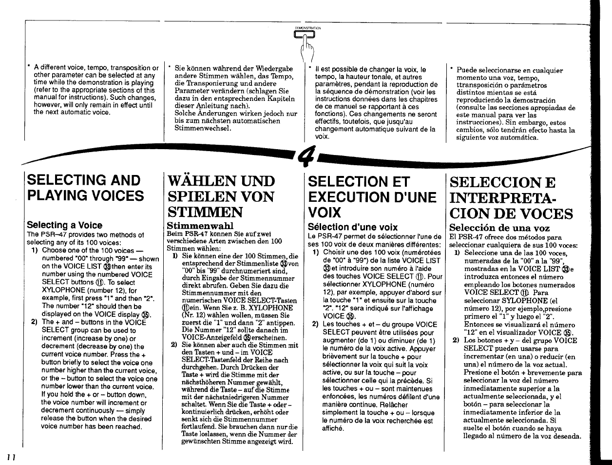 Selecting a voice, Stimmenwahl, Sélection d'une voix | Selección de una voz, Selección de una voz ................ u, Wahlen und spielen von stimmen, Seleccion e interpreta cion de voces, Selecting and playing voices, Selection et execution d'une voix | Yamaha Portatone PSR-47 User Manual | Page 12 / 33