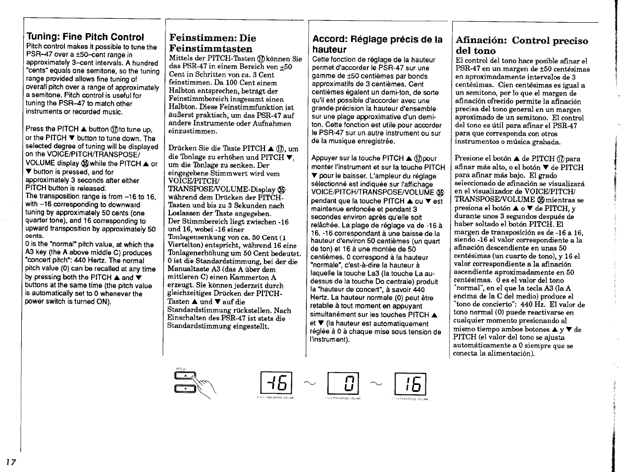 Tuning: fine pitch control, Feinstimmen: die feinstimmtasten, Accord: réglage précis de la hauteur | Añnación: control preciso del tono | Yamaha Portatone PSR-47 User Manual | Page 18 / 33