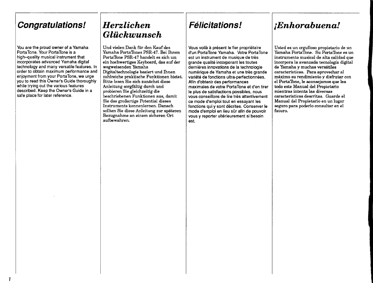 Herzlichen glückwunsch, Félicitations | Yamaha Portatone PSR-47 User Manual | Page 2 / 33