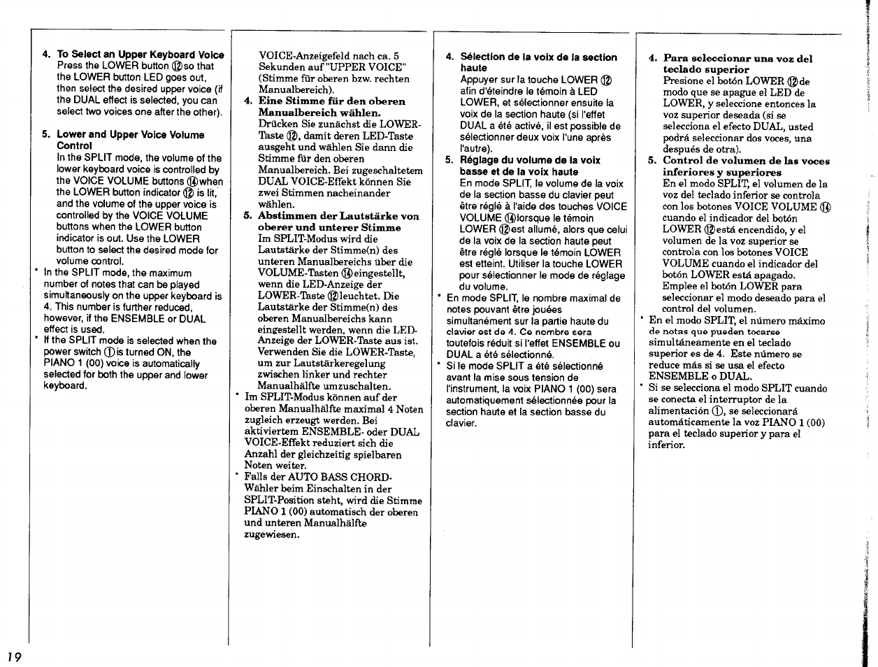 To select an upper keyboard voice, Lower and upper voice volume control, Sélection de la voix de la section haute | Yamaha Portatone PSR-47 User Manual | Page 20 / 33