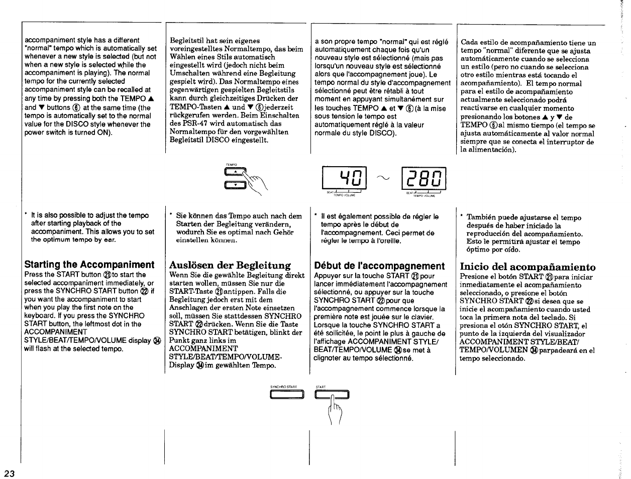 Starting the accompaniment, Press the start button ©to start the, Auslösen der begleitung | Début de l'accompagnement, Appuyer sur la touche start ©pour, Inicio del acompañamiento, Début de l'accompagnement 23 | Yamaha Portatone PSR-47 User Manual | Page 24 / 33