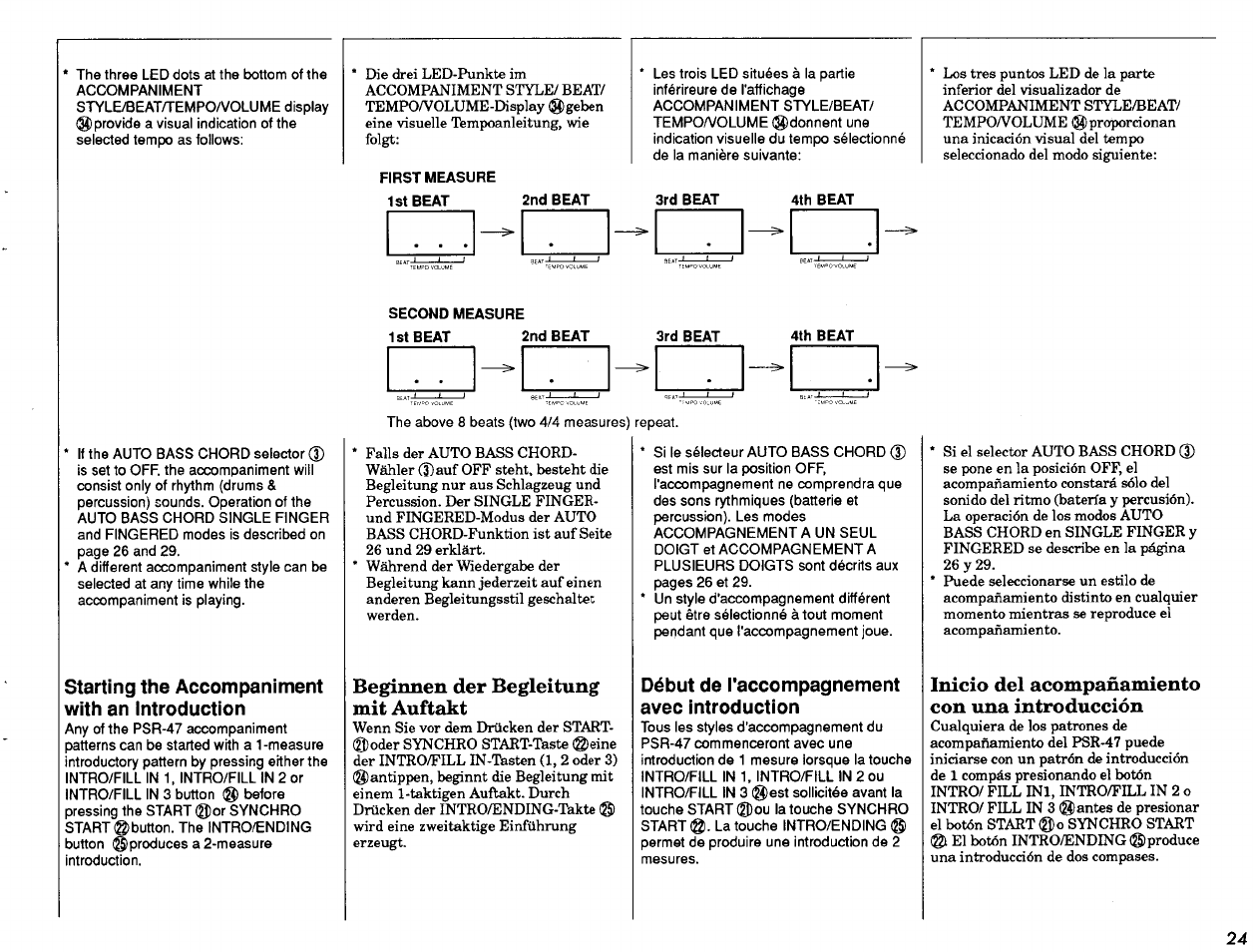 Starting the accompaniment with an introduction, Second measure, 1st beat 2nd beat | 3rd beat, 4th beat, Beginnen der begleitung mit auftakt, Début de l'accompagnement avec introduction, Inicio del acompañamiento con una introducción | Yamaha Portatone PSR-47 User Manual | Page 25 / 33