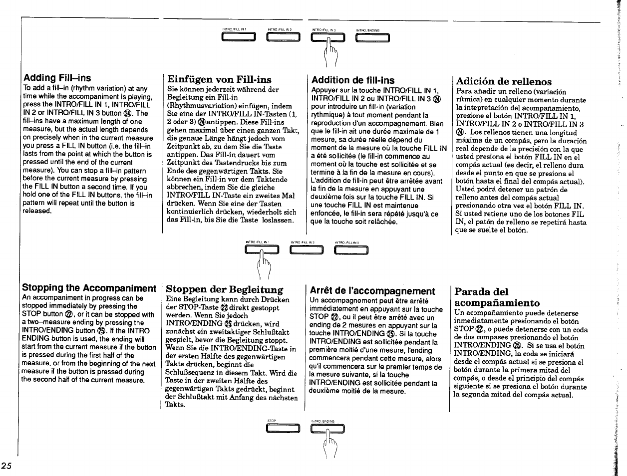 Adding fill-ins, Stopping the accompaniment, Einfügen von fill-ins | Addition de fill-ins, Stoppen der begleitung, Arrêt de l'accompagnement, Adición de rellenos, Parada del acompañamiento | Yamaha Portatone PSR-47 User Manual | Page 26 / 33