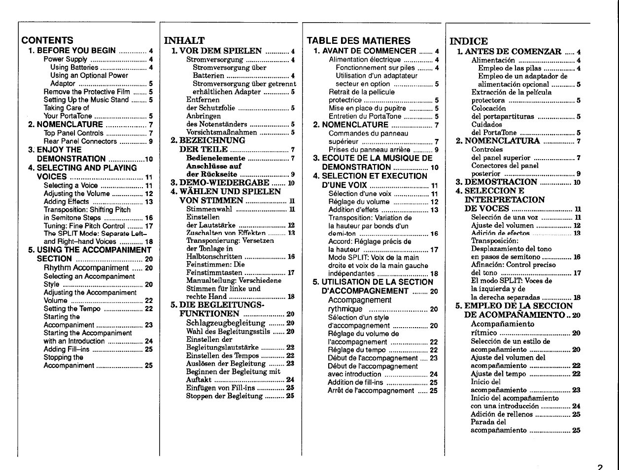 Inhalt, Indice | Yamaha Portatone PSR-47 User Manual | Page 3 / 33