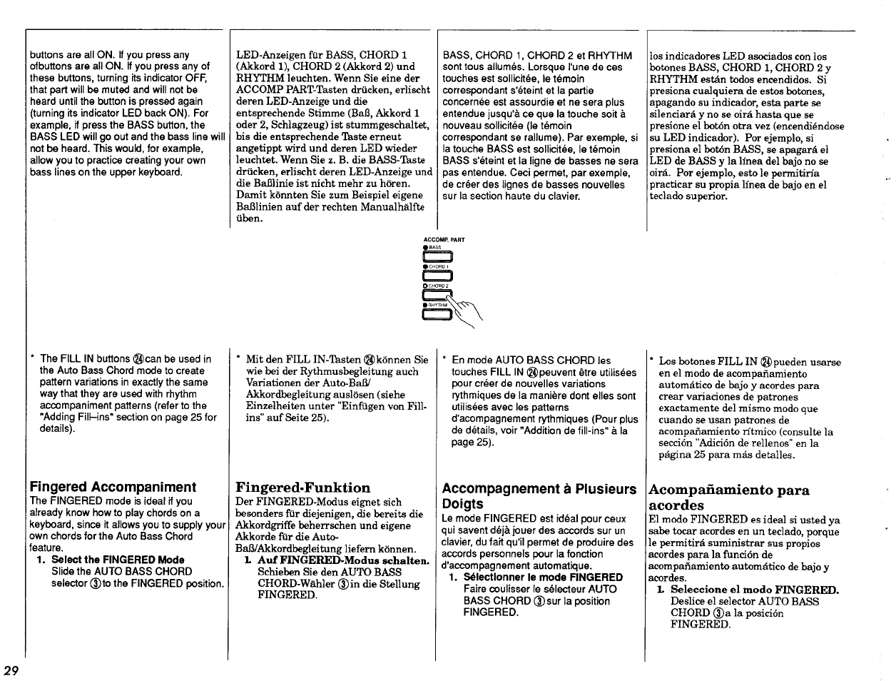 Fingered accompaniment, Select the fingered mode, Fingered-funktion | Accompagnement à plusieurs doigts, Acompañamiento para acordes | Yamaha Portatone PSR-47 User Manual | Page 30 / 33