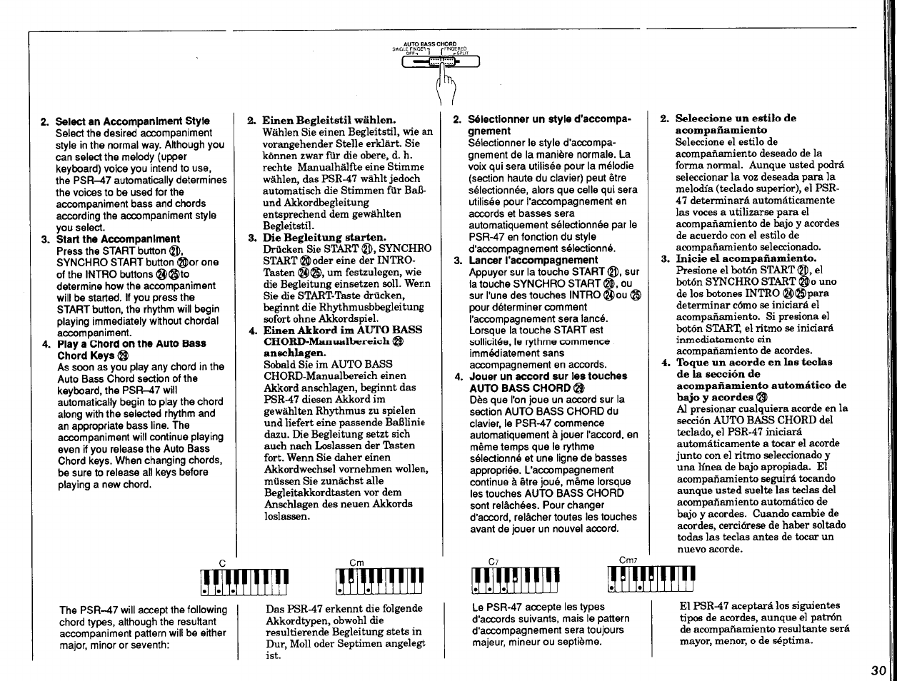 Select an accompaniment style, Start the accompaniment, Play a chord on the auto bass chord keys | Sélectionner un style d'accompagnement, Jouer un accord sur tes touches auto bass chord, Шш тш тш шш | Yamaha Portatone PSR-47 User Manual | Page 31 / 33